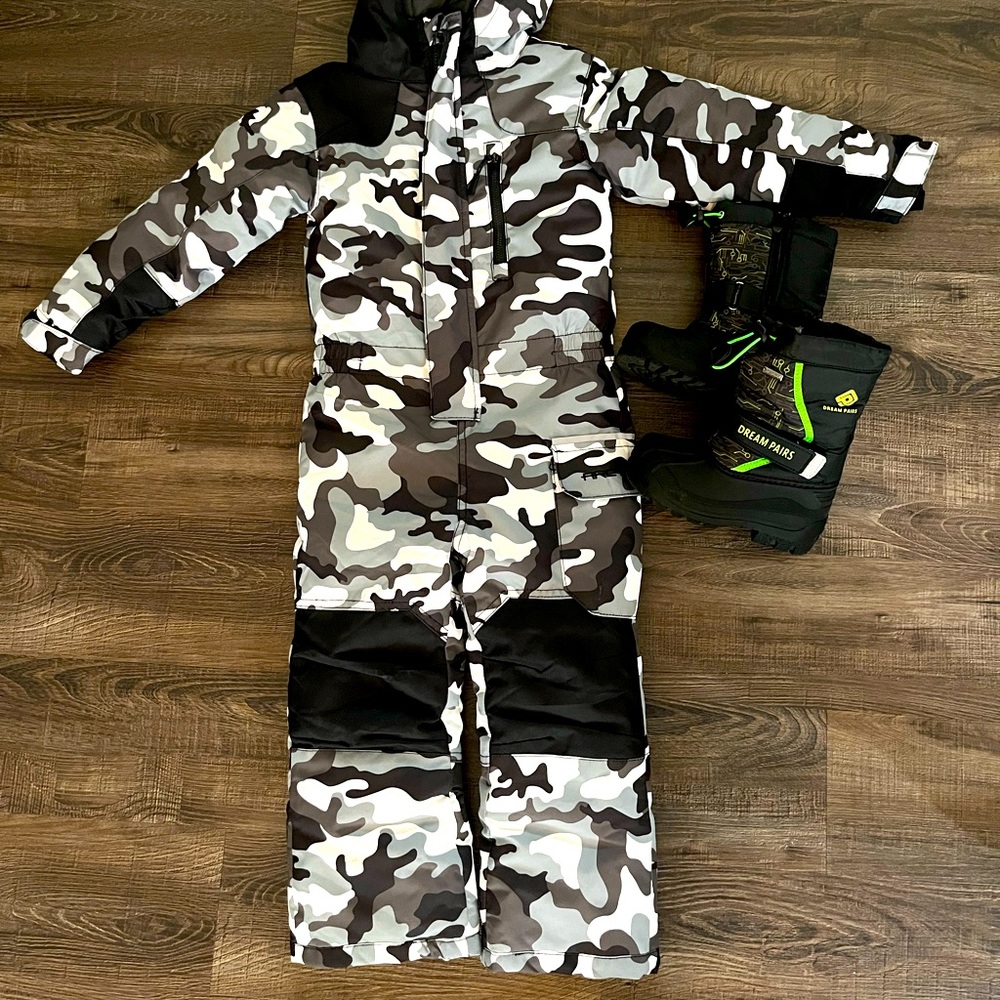BUNDLE: Boys Waterproof Snowsuit Coveralls - Size 4T & Snow Boots - Size 9